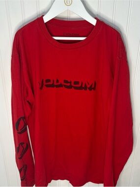 Volcom Red Long Sleeve Logo Tee with Black Sleeve Graphics